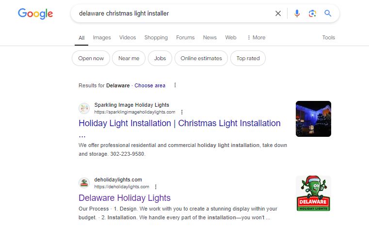 DE Holiday Lights website, an example of Lynchburg Web Design driving SEO success.