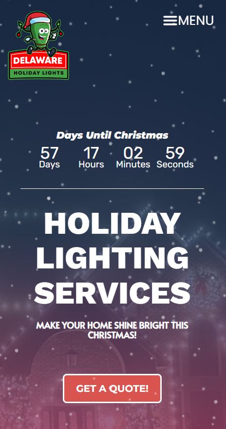 Custom website for DE Holiday Lights, crafted with Lynchburg Web Design expertise.